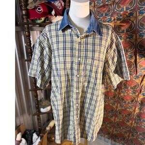 RedHead Mens Yellow Plaid Button Down Shirt Short Sleeve Denim Collar Size Large